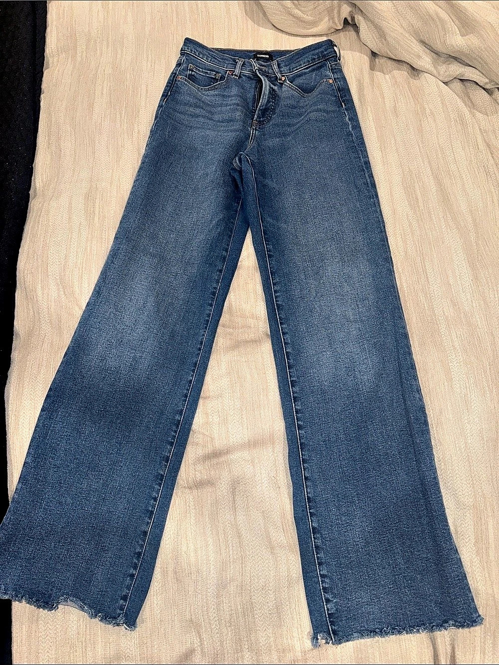 Express High Waisted Raw Hem Wide Leg Jeans Blue
